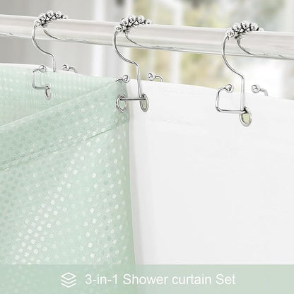 Craidlela 3 in 1 Extra Long Mint Green Shower Curtain Set-72 W x 84 H, Modern Waffle and PEVA Liner Set with 12 Stainless Steel Hooks, Waterproof Fabric for Bathroom