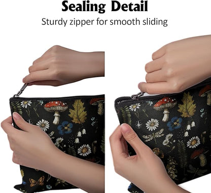 Cafl Vintage Woodland Makeup Bag Travel Large Mushroom Fern Cosmetic Bag Organizer toiletry Essentials Jewelry Skincare Zipper Bag For Women -10×8 inch