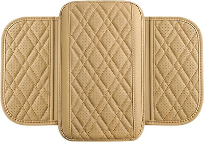 Car Center Console Cover, Leather Vehicle Arm Rest Cushion with 2 Storage Bags, Automotive Armrest Interior Seat Box Pad Accessories, Universal for SUV, Sedan, Truck (Beige)