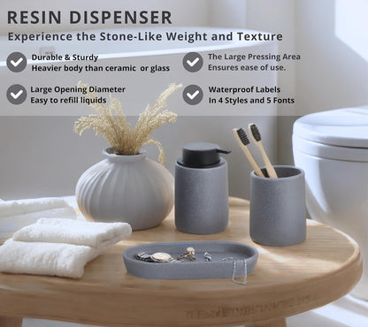 Grey Bathroom Accessories Set, 3 Pcs Resin Bathroom Accessories Complete Set, Sandstone Look Soap Dispenser with Large Pump, Toothbrush Cup, Soap Dish for Modern Home Decor and Kitchen