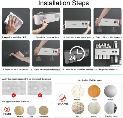Toothbrush Holders Wall Mounted, Toothbrush Holder with Automatic Toothpaste Dispensers, 6 Brush Slots, 2 Magnetic Cups,1 Cosmetic Drawer Organizer and 1 Large Storage Tray