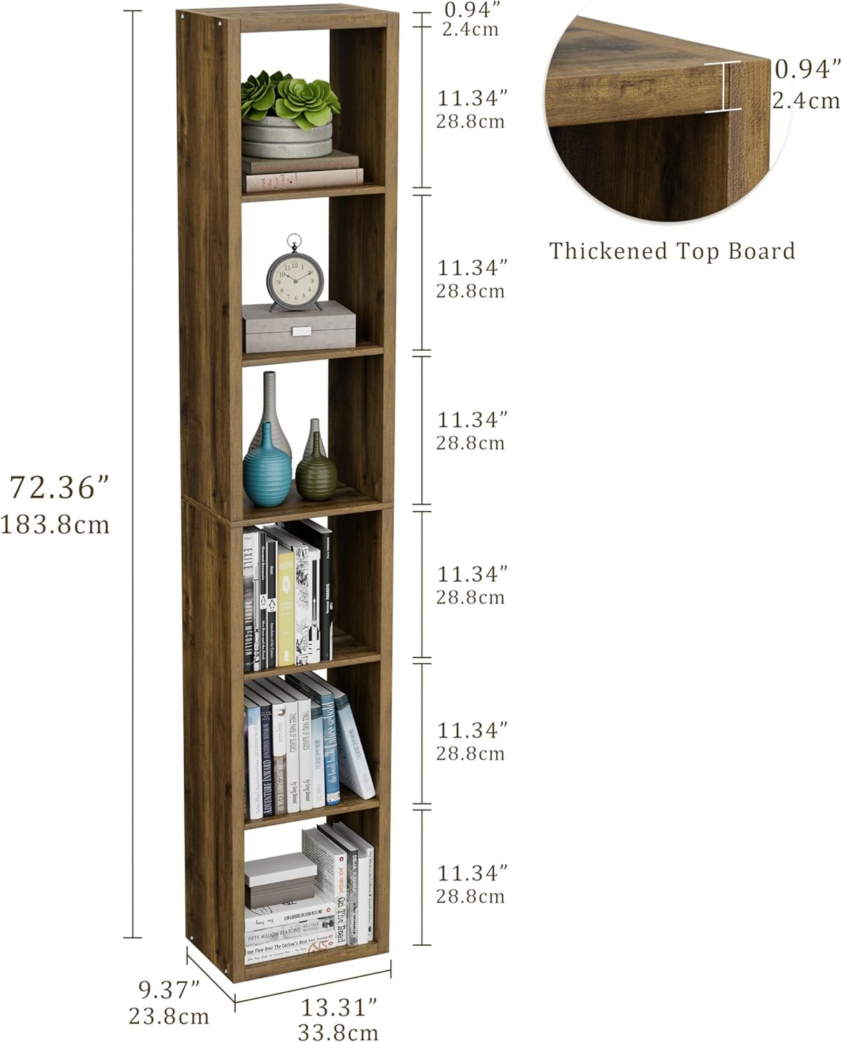 Tall Cube Storage Organizer Bookcase, 6 Tier 11 inch Open Back Cubical Shelf with Thickened Border, Display Bookshelf for Living Room, Home Office, Sturdy Room (Brown, 6 Cube,Vertical)
