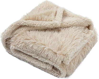 Wowchine Calming Dog Blanket,Waterproof Long Faux Fur Pet Blankets for Medium Puppy Cat Reverible Sofa Couch Covers Washable Pets Ded Cover Cream S-40x28in