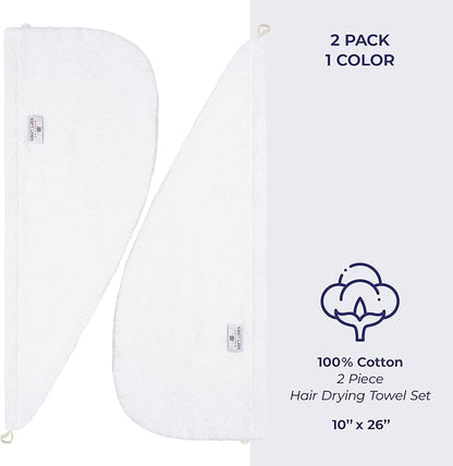 American Soft Linen 100% Cotton Hair Towels for Women, Head Towel Cap, Cotton Hair Turban Towel Wrap for Long Curly Anti Frizz Hair, Soft and Absorbent Cotton Hair Towels 2 Pack, White