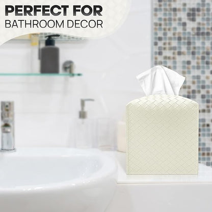 Tissue Box Cover Holder, PU Leather Tissue Box Cover with Braided Pattern, Square Tissue Holder with Bottom Belt, Modern Organizer for Bathroom, Car, Office, Tabletop (White., 12 Braided Patterns)