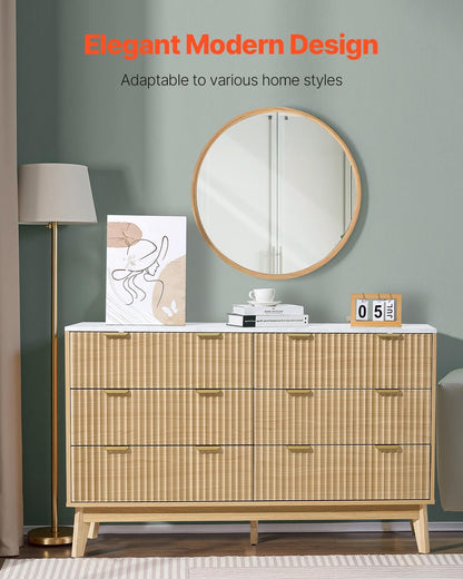 VEVOR Fluted 6 Drawer Dresser, 54" Wide Chest of Drawers with Faux Marble Top, Modern Dresser TV Stand, Wooden Closet Clothes Storage Organizer for Bedroom, Living Room, Hallway, Entryway, Natural Oak