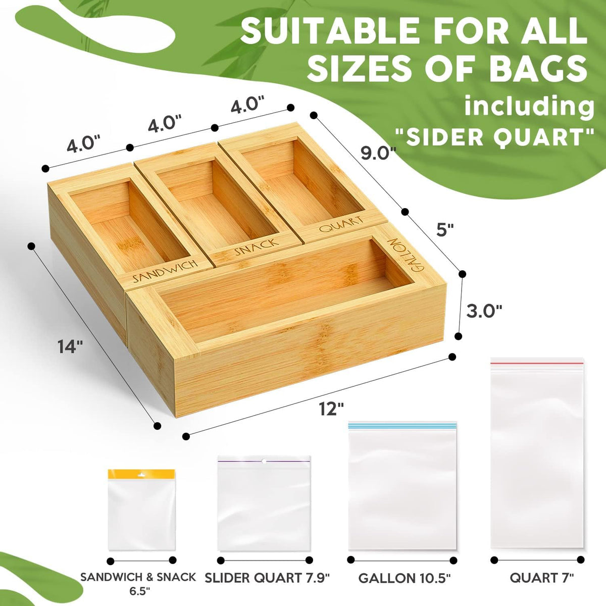 DALSHABET Bamboo Storage Bag Organizer, 4 Separate Food Storage Bags, 12x14 Baggie Organizer Dispenser for All Brands Gallon, Snack, Sandwich & Quart Slider Bags Beige
