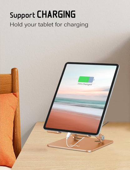 Tablet Stand Holder for Desk Adjustable Tablet Holder, Foldable Aluminum Desktop Tablet Holder for iPad Samsung Galaxy Tabs Amazon Kindle Fire,All Tablets 4-12 inch, Gold