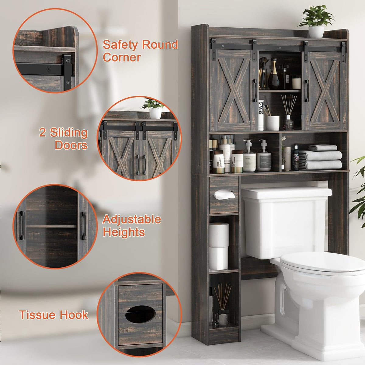 Vabches Over The Toilet Storage Cabinet, Farmhouse Storage Cabinet Over Toilet with Sliding Door& Toilet Paper Holder Stand，Home Space-Saving Toilet Rack, for Bathroom, Laundry and Restroom