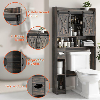 Vabches Over The Toilet Storage Cabinet, Farmhouse Storage Cabinet Over Toilet with Sliding Door& Toilet Paper Holder Stand，Home Space-Saving Toilet Rack, for Bathroom, Laundry and Restroom