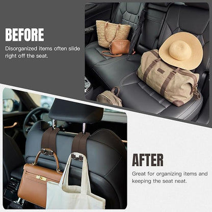 2PCS Car Hooks for Headrest, Faux Leather Purse Hook for Car Seat Back Organizers and Storage, Double Metal Purse Holder Bag Hanger, Universal Car Interior Accessories for Women Man