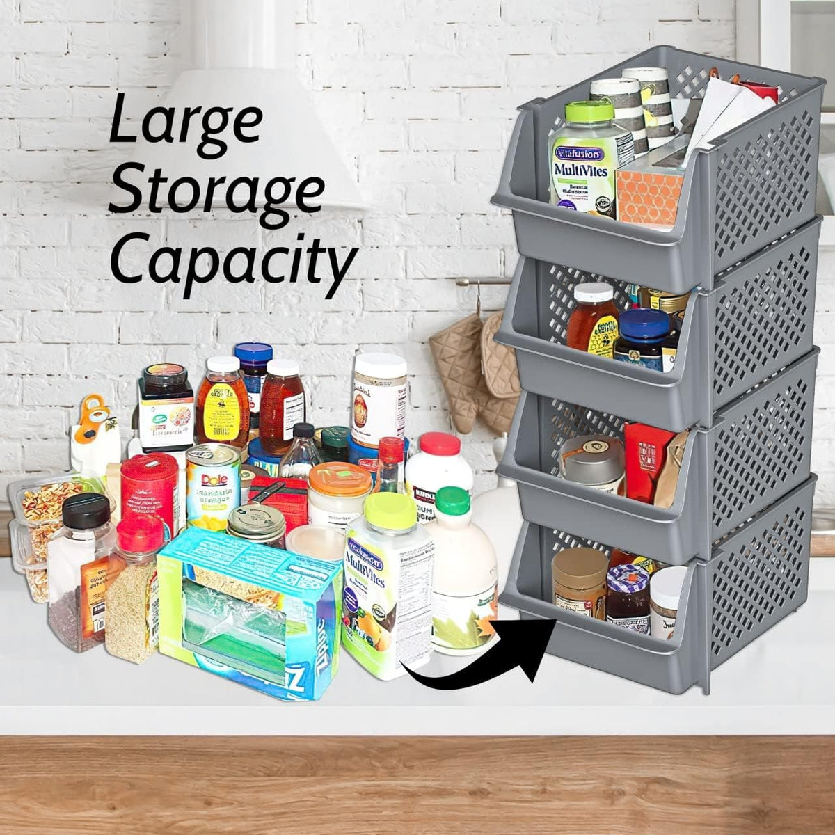 Skywin TidyFriend Stackable Storage Bins for Pantry, 4 Pack Stackable Bins For Organizing Food, Kitchen, and Bathroom Essentials (Grey)
