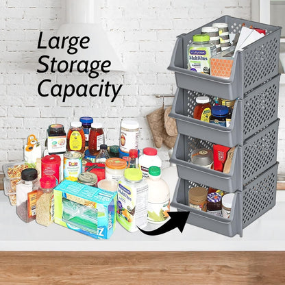 Skywin TidyFriend Stackable Storage Bins for Pantry, 4 Pack Stackable Bins For Organizing Food, Kitchen, and Bathroom Essentials (Grey)