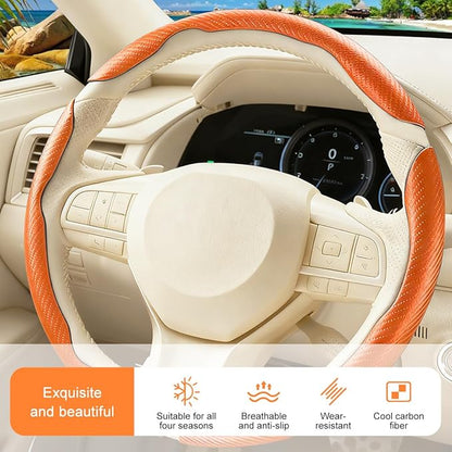 3PCS Carbon Fiber Car Steering Wheel Cover, Leather Segmented Anti-Skid Steering Wheel Protector, Snap on Automotive Interior Protection Accessories, Universal for Vehicles (Orange)