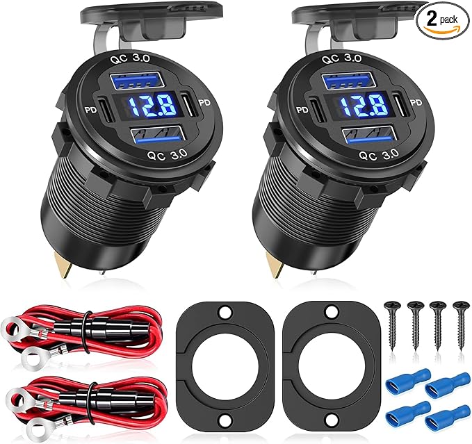 2Pcs 12V/24V Outlet with Voltmeter, Quick Charge 3.0 Dual USB Power Outlet, Waterproof Fast Charge USB Charger Socket DIY Kit for Car Boat Marine (2 Pack)
