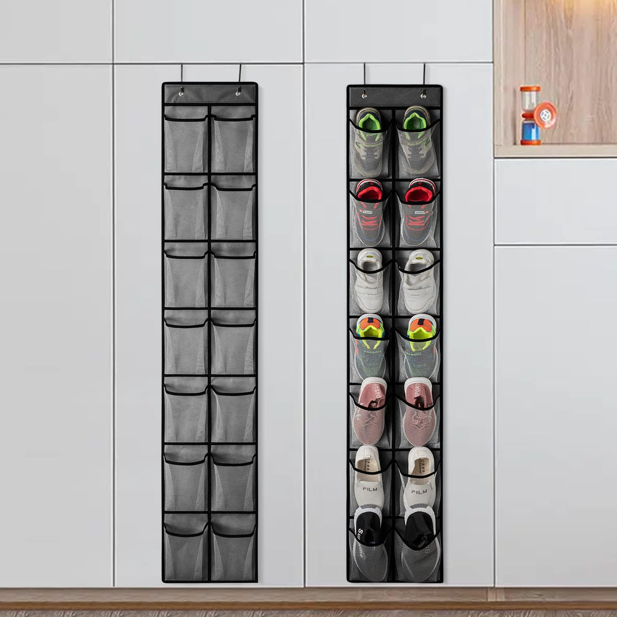 KEEPJOY Over the Door Shoe Organizer, Hanging Shoe Organizer with 4 Hooks,Door Shoe Holder with 14 Mesh Deep Pockets Closet Door Shoe Storage Bag (Grey-2Pack)