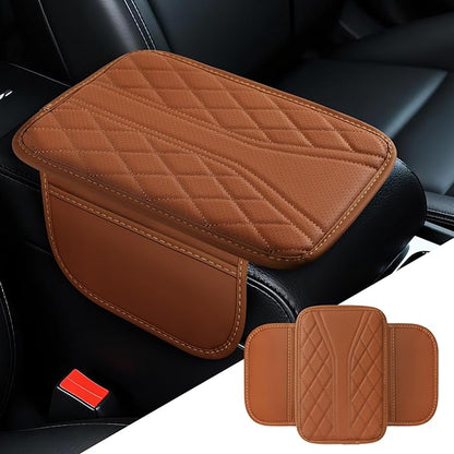 Car Center Console Cover, 11.8"×6.7" Leather Armrest Cover for Cars, Multifunctional Auto Armrest Cushion Pad with Storage Pocket, Universal Arm Rest Protector Car Accessories (Brown)
