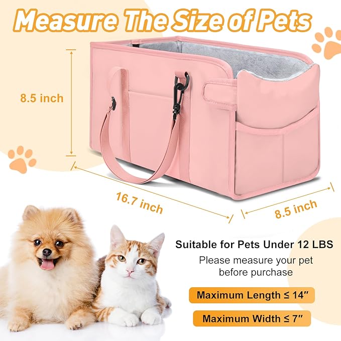 Portable Dog Car Seat for Small Dogs - Adjustable Safety Leash, Washable Cushion & Storage Pocket - Pet Booster Seat for Car Travel- Pink