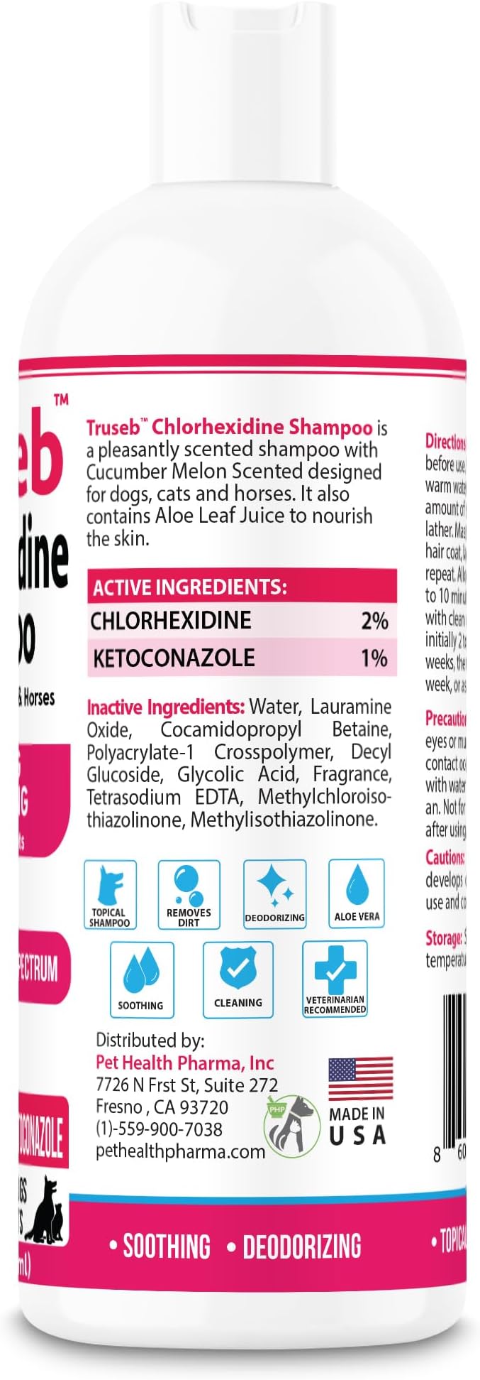 Truseb Topical Ketoconazole and Chlorhexidine Shampoo for Dogs, Cats, and Horses with Aloe - 16 oz (Ketoconazole & Chlorhexidine Shampoo, 16 oz)