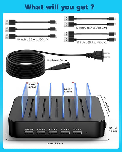 MSTJRY Charging Station for Multiple Devices : 5 Port Multi USB-A Charger