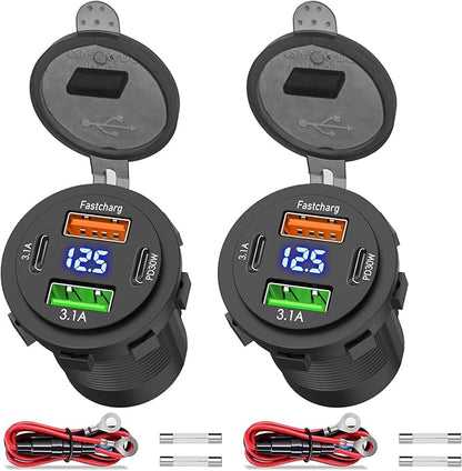 2 Pack 12V USB Outlet 4 Ports Dual USB C PD and Dual Quick Charge 3.0 Car USB Port 12 Volt Car Charger Socket with Voltmeter for Car Boat Marine RV Truck Motorcycle