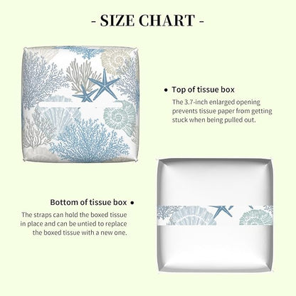 Retro Starfish Seashell Corals Tissue Box Cover Square Leather Tissue Holder Waterproof Facial Paper Organizer Dispenser Cube Paper Cover Case for Home Office Bathroom Vanity Countertop