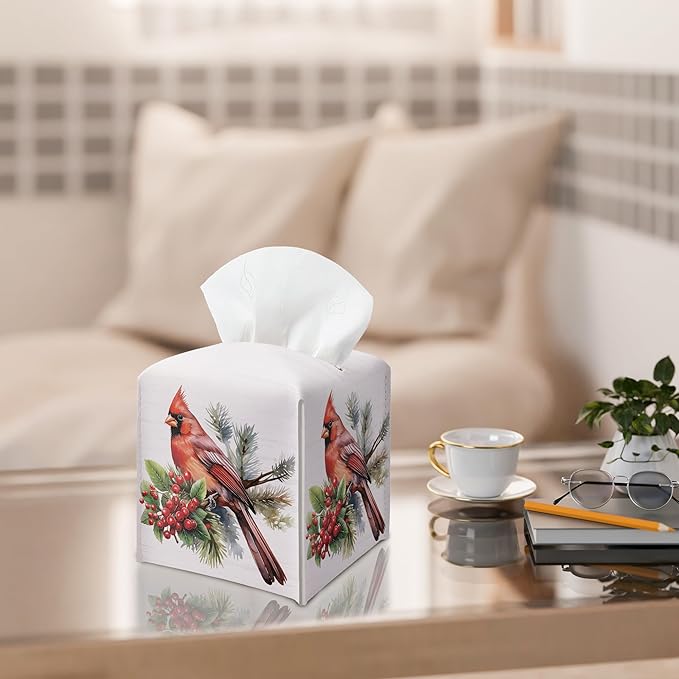 Christmas Tissue Box Holder, Christmas Cardinal Leather Tissue Box Cover Square with Bottom Belt, Paper Facial Decorative Tissues Cover for Night Stands Bathroom Office Home Decor-B11