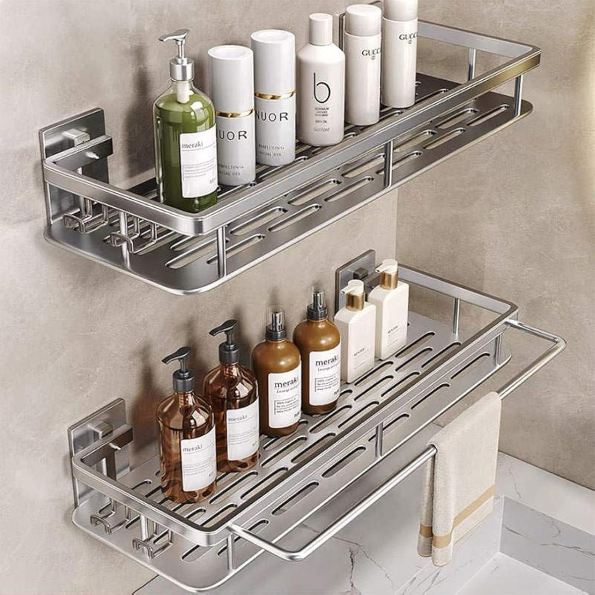 Shower Caddy Adhesive 2Pack with Hooks and Rod for Towels Silver-Premium Bathroom Shower Shelves Shampoo Organizer Rack Storage Bathtub Shelf Rustproof Easy Installation Sturdy Build Sleek Modern Look
