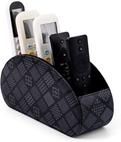 Remote Control Holders Organizer Box with 5 Compartment PU Leather Multi-functional Office Desk Storage Caddy Store Tv Remote for Media Player,Brush,Pencil,Glassees&Office Supplies (Grey print)