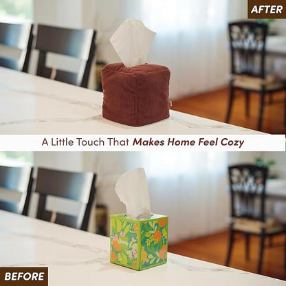 TOGI Corduroy Tissue Box Cover - Soft & Puffy Cube Design Adds a Warm, Cozy Touch - Soft Tissue Box Cover Square Fits Standard Square Boxes from Everyday Brands - Cozy Home & Office Decor - (Brown)