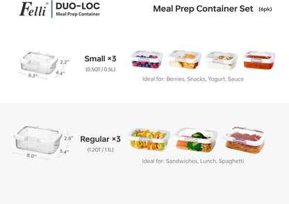 Felli Duo Loc Tritan Containers for Reheating Microwave Safe Box, Airtight Food Storage for Fridge Freezer, On The Go Lunch Container for Adults for Weekly Meal Plan Picnic Travel (6pk)