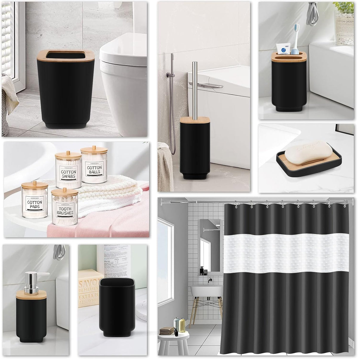 Bathroom Accessories Set,Black Bathroom Set,24 Pieces Bathroom Accessory Set with Shower Curtain,Trash Can for Bathroom Accessories Décor and Home Gifts