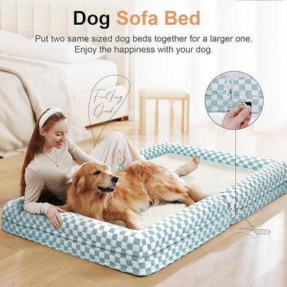 Large Dog Bed Orthopedic Washable: Beds Bolster XL Bed Big XLarge Dogs Egg Crate Foam Couch Sofa Waterproof with Removable Cover - Green Grid