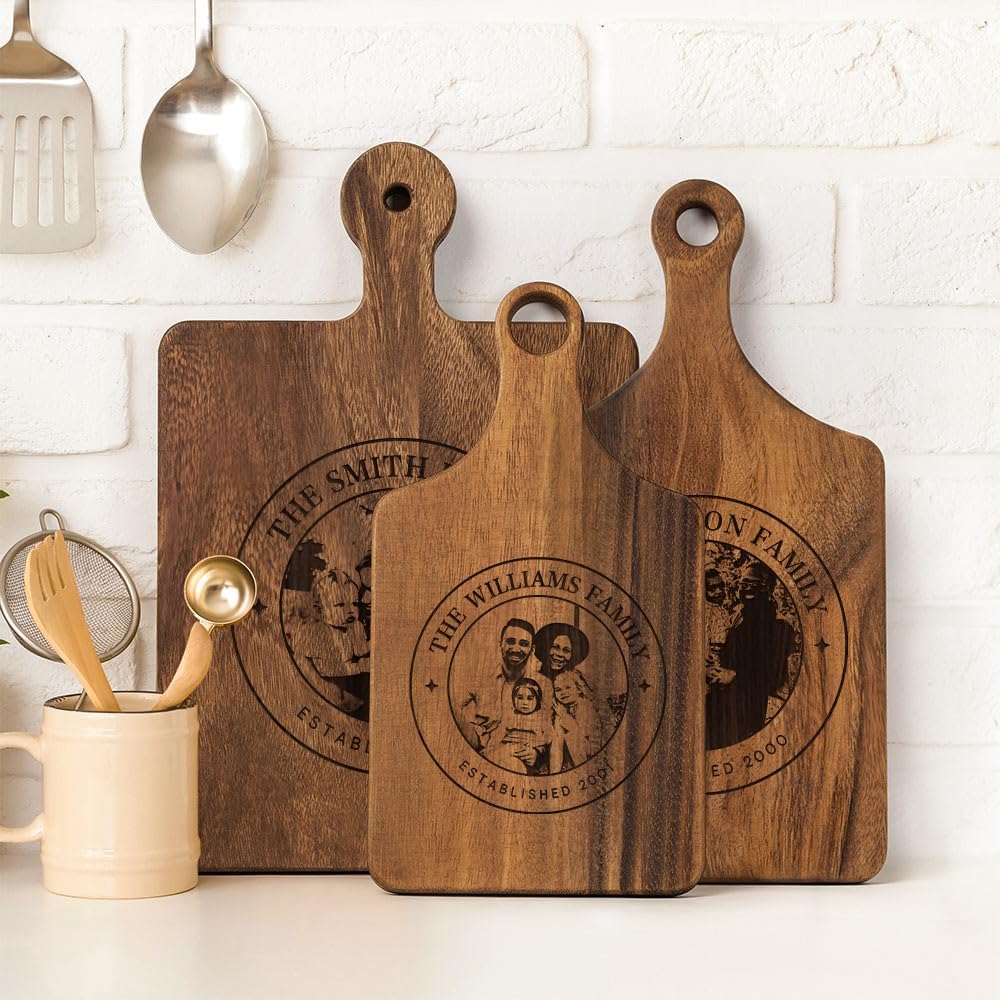 callie Personalized Cutting Board with Photo & Text & Date, Wooden Cutting Board Cheese Serving Tray with Handle, Housewarming Gifts (S, M, L)