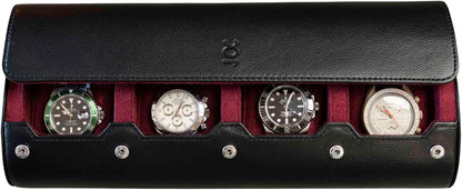 DailyWatch | Watch Roll Travel Case For 4 Watch | Luxury Watch Case In Genuine Black Leather With Soft Velvet Interior | Watch Case Protect, Store, & Display Your Watches | Black Cherry