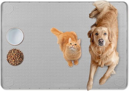 Bartuke Cat Food Mat, 34" x 22" Large Silicone Pet Feeding Mat for Food and Water Bowls Non-Slip, Easy to Clean (Light Grey)