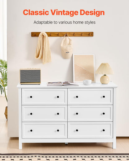VEVOR 6 Drawer White Dresser, Wood Dresser Chest of Drawers with Middle Sliding Leg, Closet Storage Clothes Organizer for Bedroom, Living Room, Hallway, Entryway, Wide Drawer with Metal Handles