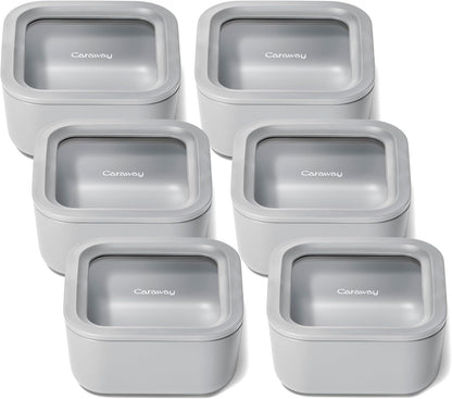 Caraway 6pc Glass Food Storage Set – 4.4 Cup Food Containers (6) - Ceramic Coated - Non Toxic, Non Stick with Lids - Microwave Safe - Gray