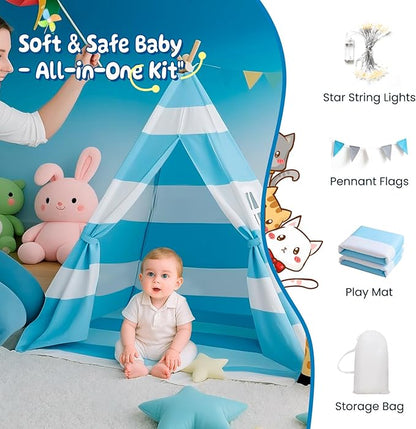 xiaowantong Teepee Tent for Kids with Padded Mat, Lights, and Carry Bag, Washable Playhouse for Indoor Use, Ideal Play Tent for Girls and Boys,Stripe Blue