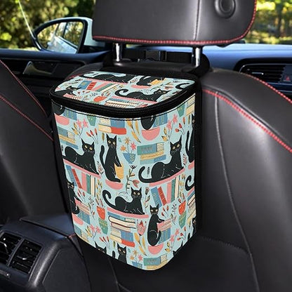 Black Cat Cute Pattern Car Trash Can, Suitable for Rear Seats and Behind The Center Console
