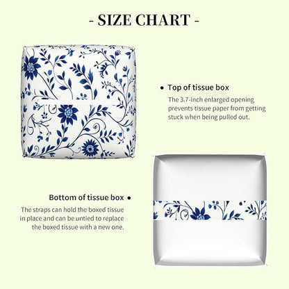 Blue and White Floral Tissue Box Cover,Abstract Boho Flowers Botanical Waterproof Leather Square Tissue Box Cover Case Facial Paper Organizer Dispenser Box Holder for Home Office Bathroom Vanity