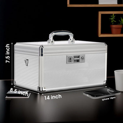 Medicine Lock Box with Key, Alluminum Alloy Box for Medication,First Aid Box with a Removeable Tray to Store Medicines & Pills for Home, Silver 14 * 8.46 * 7.48 Inch