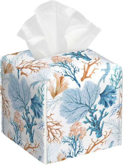 POIUBLE Tissue Box Holder Watercolor Blue Corals Tissue Box Cover Square Leather Tissue Holder Organizer Portable Decorative Facial Paper Case for Home Office Bathroom Vanity Countertop