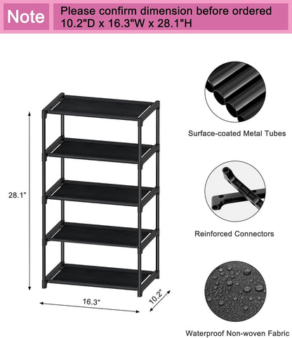 5-Tier Small Shoe Rack, Narrow Space-Saving Organizer for Small Spaces, Non-Woven Fabric Lightweight Shoe Shelves, for Closet Floor, Front Door, Entryway, Kids/Toddler/Adults, Black