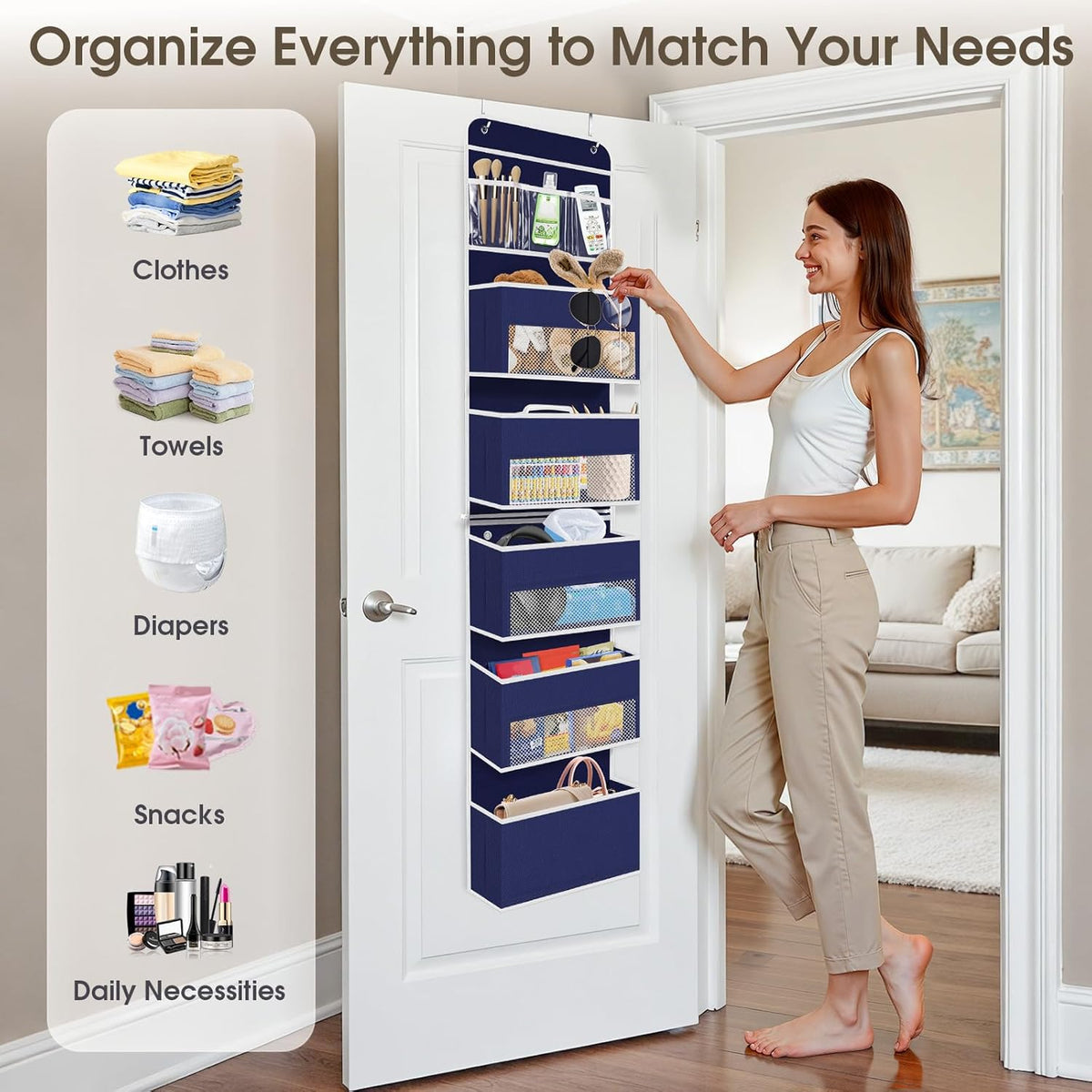 6-Tier Over The Door Organizer Hanging Storage Organizers with Clear Window 40lb Large Capacity Room Organizer for Pantry Bathroom Nursery Closet(Blue)
