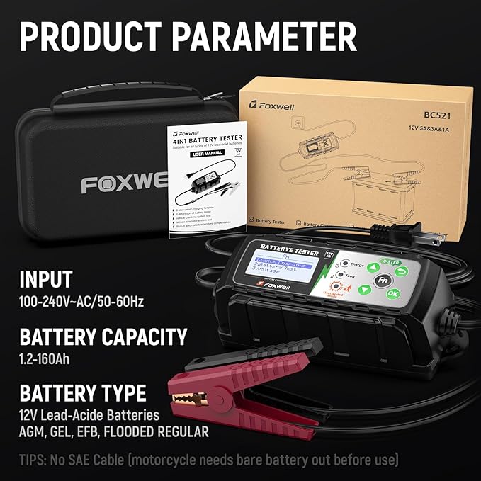 FOXWELL BC521 5A 12V Battery Charger & Tester, 4-in-1 Battery Maintainer