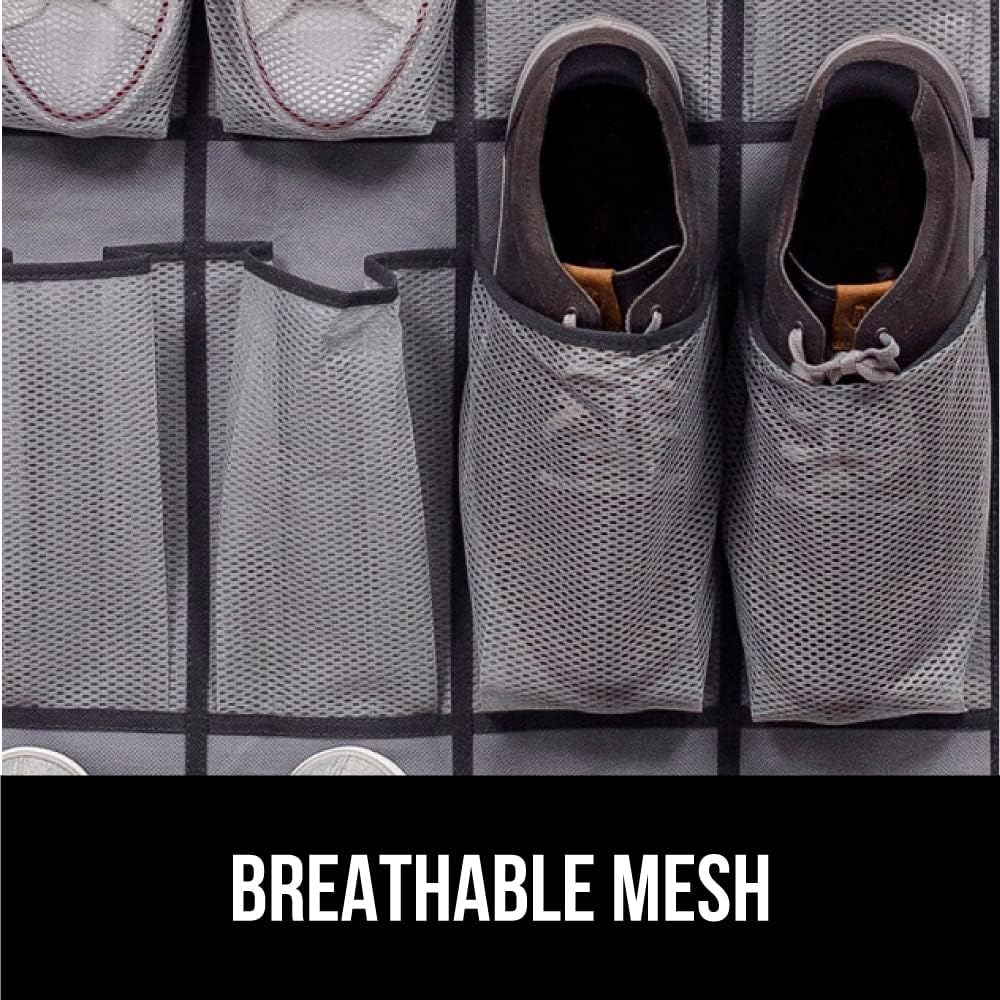 GORILLA GRIP Over the Door Shoe Organizer, 24 Extra Large Breathable Mesh Pockets, Space Saving Hanging Storage Holder, 4 Hook Closet Rack Hanger, Hangs on Closets for Shoes and Accessories, Gray