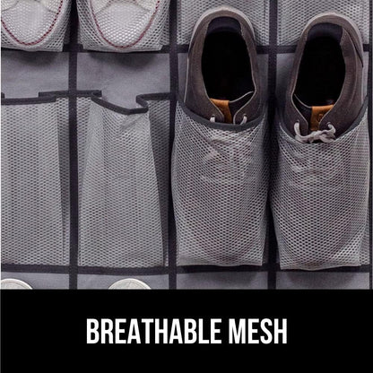GORILLA GRIP Over the Door Shoe Organizer, 24 Extra Large Breathable Mesh Pockets, Space Saving Hanging Storage Holder, 4 Hook Closet Rack Hanger, Hangs on Closets for Shoes and Accessories, Gray