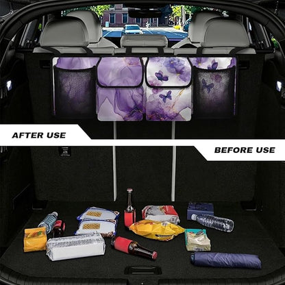 Car Trunk Organizer, Purple Butterfly Car Accessories Marble Car Organizer for SUV/Truck/MPV, Hanging Car Storage Organizer with 4 Pocekts, Frees Trunk Floor, Sturdy Space Saving Expert