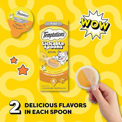 Temptations Lickable Spoons Adult Wet Cat Treat, Tasty Chicken and Cheesy Cheese Flavor, 4 Spoons, Pack of 24 (96 Total)